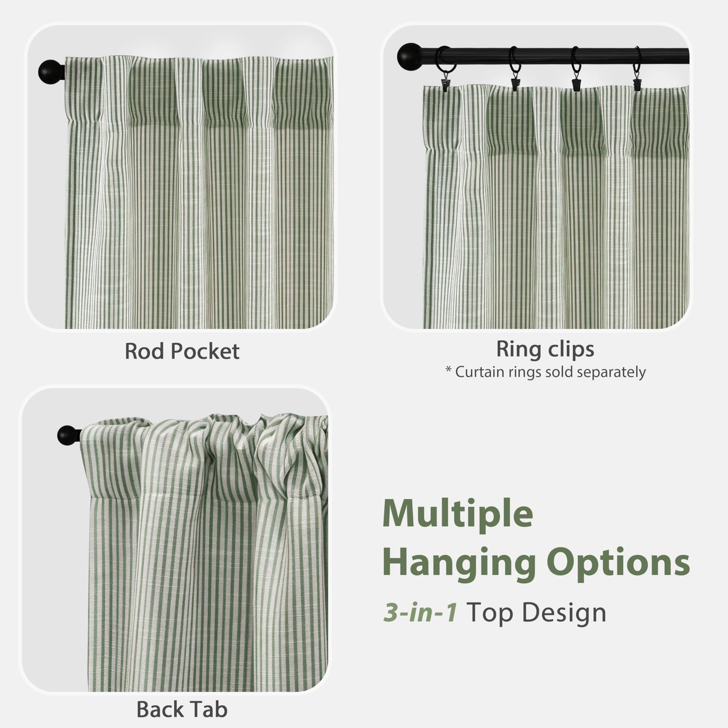 DriftAway 100% Blackout Linen Ticking Striped Curtains Double Layer Farmhouse Drapes 84 Inches Long for Living Room Bedroom Yarn Dyed Woven Thermal Insulated Rod Pocket Back Tab 2 Panels Loden Green