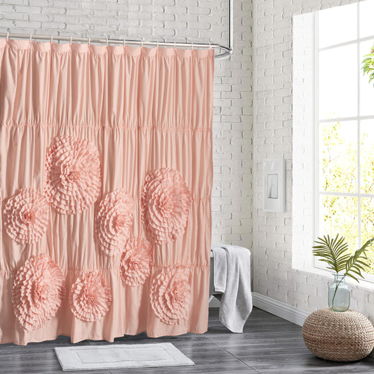 Homechoice Decor Farmhouse Ruffle Shower Curtain with Handmade 3D Flowers, Vintage Fabric Shower Curtains for Bathroom, Decorative Luxury Bathroom Curtain with 12 Holes, Peach Pink, 72" x 72" (LQ-41)