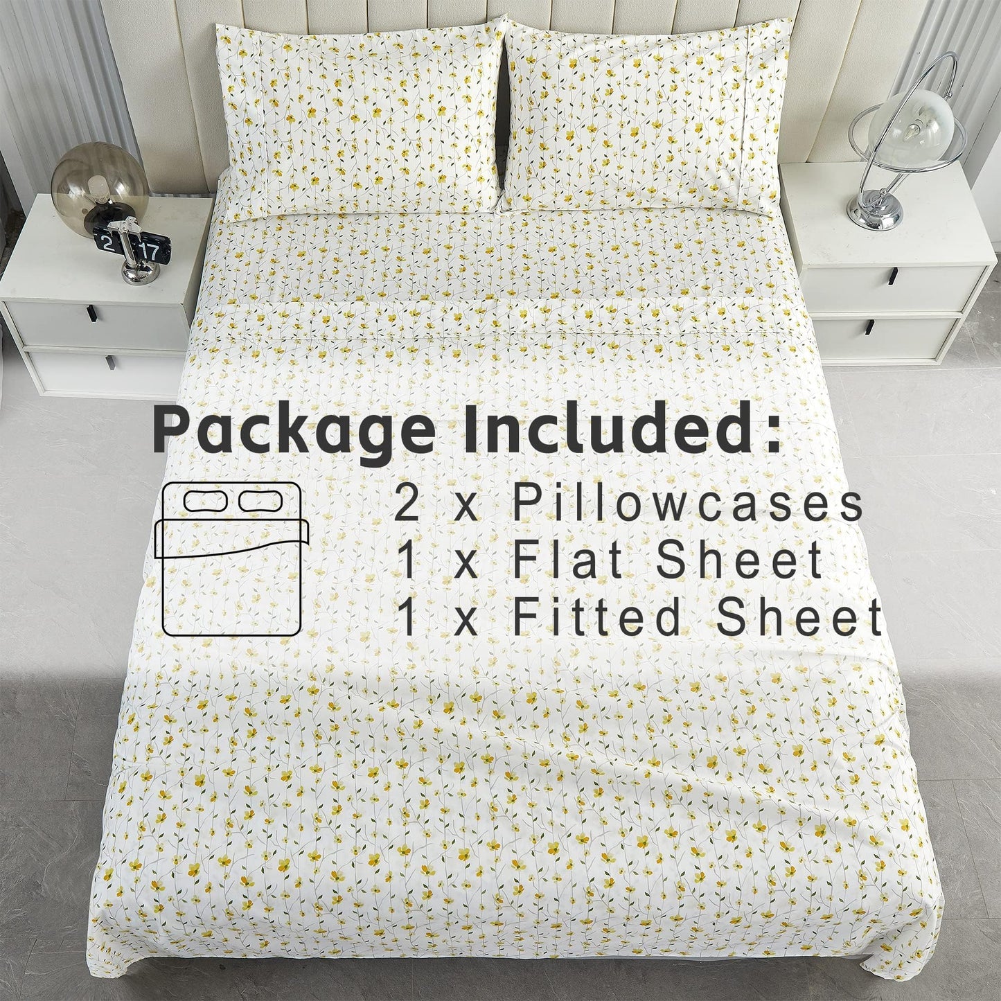 Softan King Sheet Set Yellow Floral Bed Sheets Printed Sheets - 4 Piece Soft Microfiber Patterned Fitted Sheets King with 15" Deep Pocket and Corner Straps, Cute Yellow Flower Sheets & Pillowcase Set