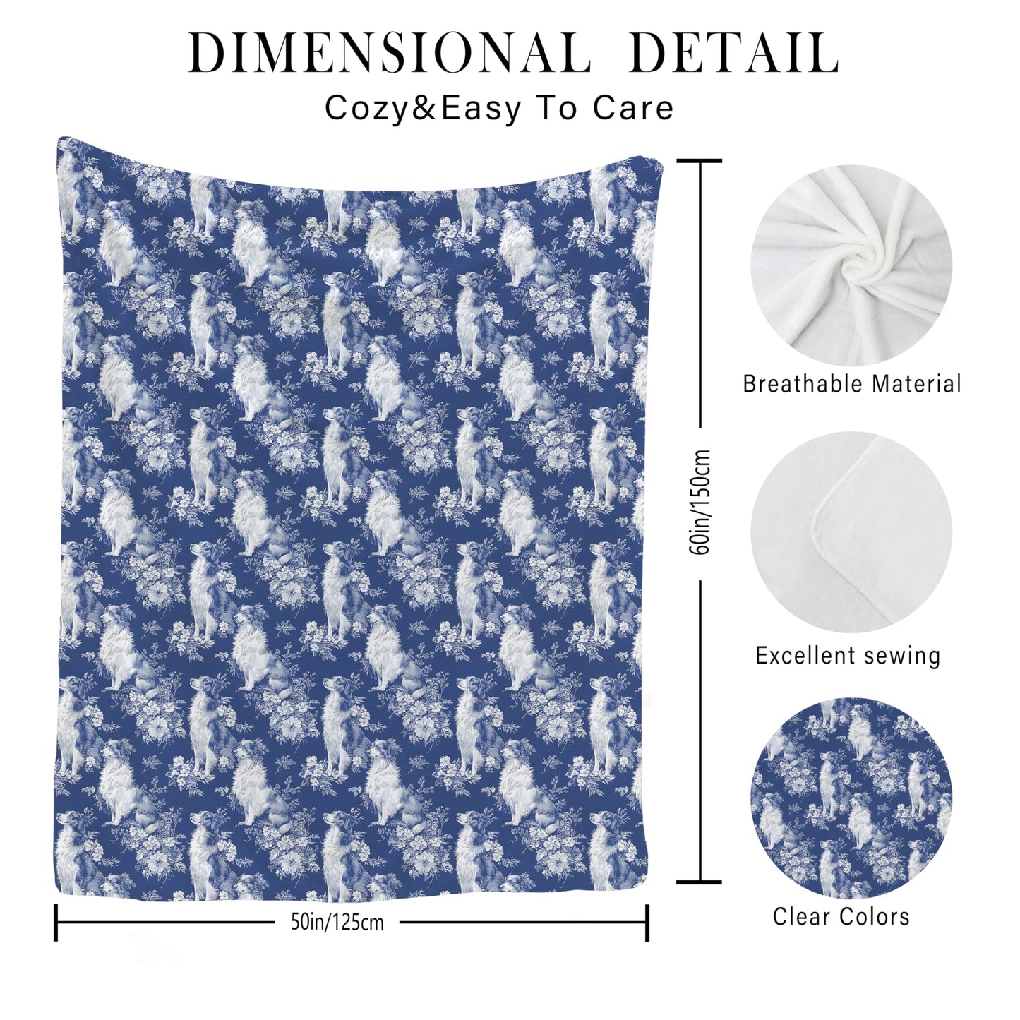 BUJSP Blue Chinoiserie Border Collie Blanket, Border Collie Gifts for Women, Grandmillennial Blue and White French Toile Dog Throw Blanket for Home Bedroom Room Couch Bed Decor, 50x60 Inches