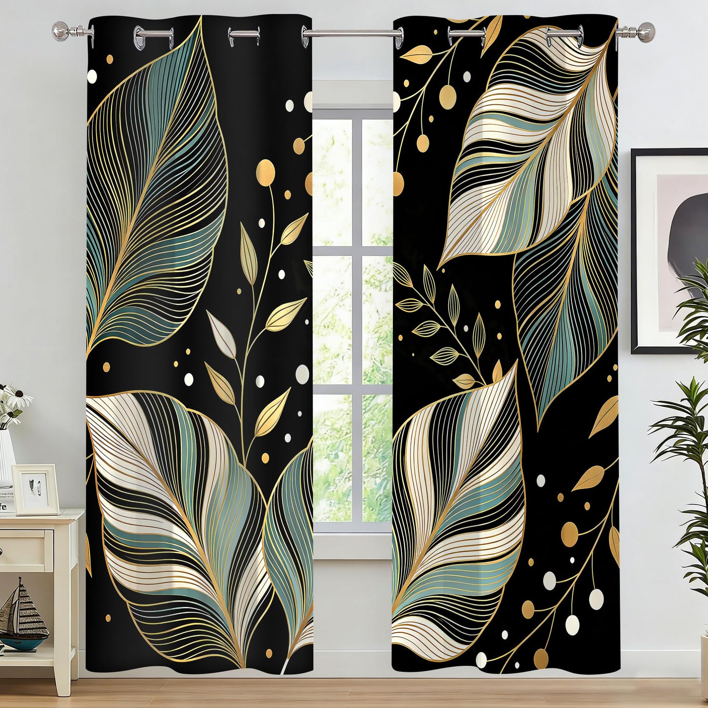 MYUSRE Black and Gold Leaf Curtains for Bedroom, 2 Panels 42x84 inch