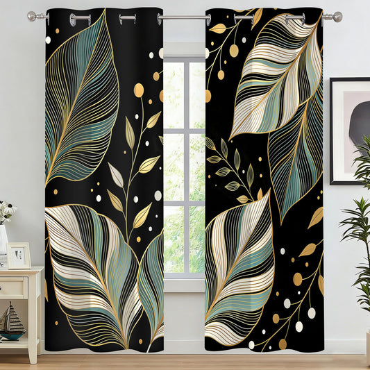MYUSRE Black and Gold Leaf Curtains for Bedroom, 2 Panels 42x84 inch