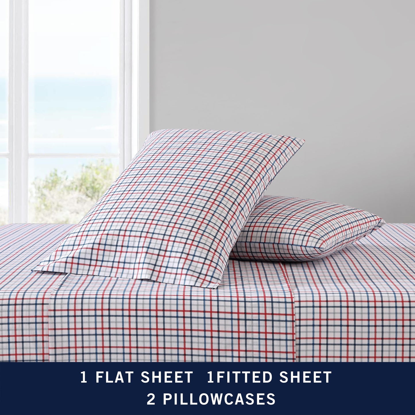 Nautica – Full Size Sheet Set, Crisp Cotton Percale Bedding with Matching Pillowcases, Lightweight & Breathable Bed Sheets, Deep Pocket, College Dorm Room Essentials (Boating Tattersall Grey)