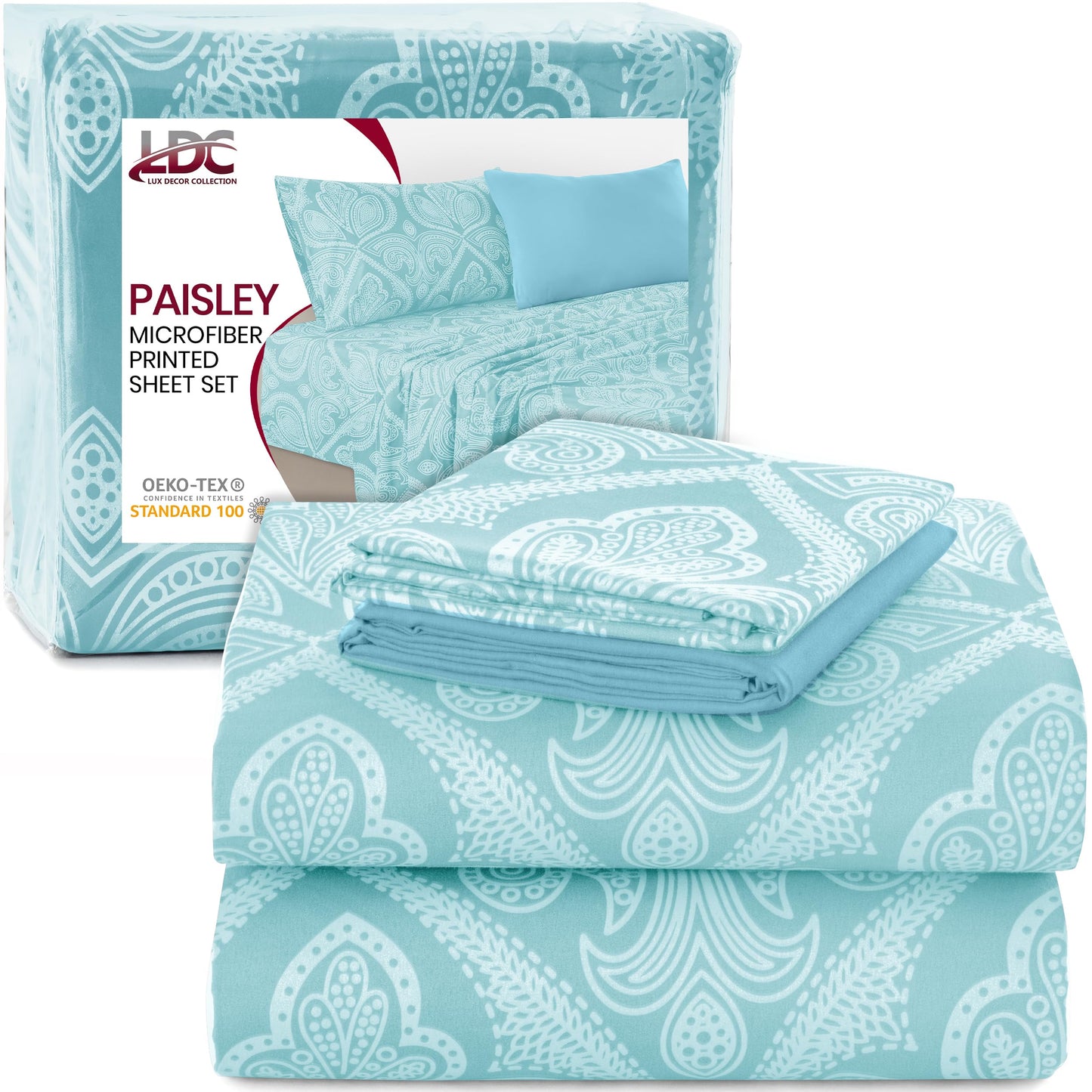 Ultra Soft Wrinkle-Free Microfiber Paisley Twin Sheet Set, Cute Floral Pattern Boho Print – 16" Deep Pocket Fitted Sheet, Flat Sheet & 2 Pillowcases, Breathable, OEKO-TEX - Blue