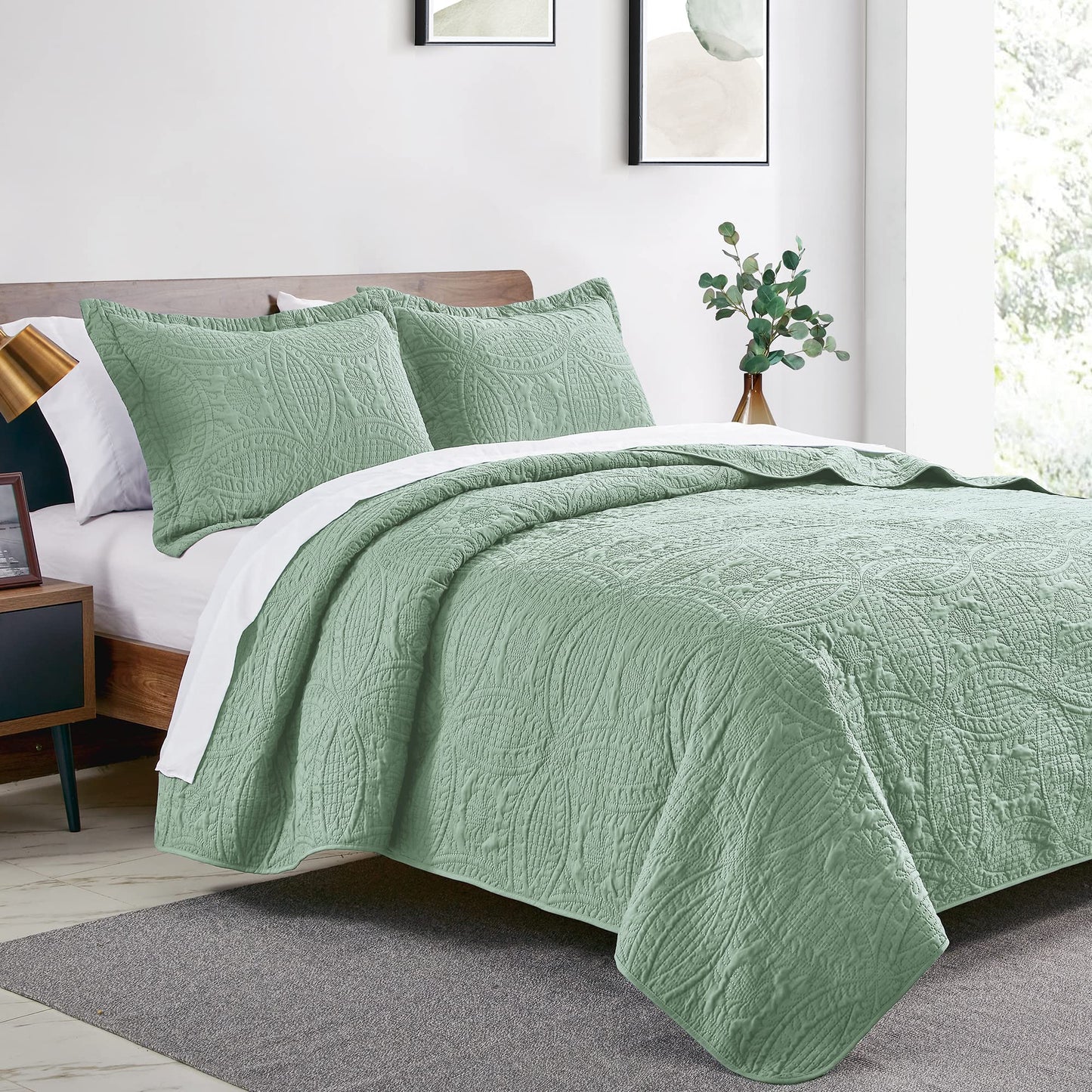 Love's cabin Twin Quilt Set Sage Bedspreads - Soft Bed Summer Lightweight Bedspread Comforter - Modern Style Coin Pattern Coverlet for All Season - 2 Pieces (1 Quilt, 1 Pillow Sham)