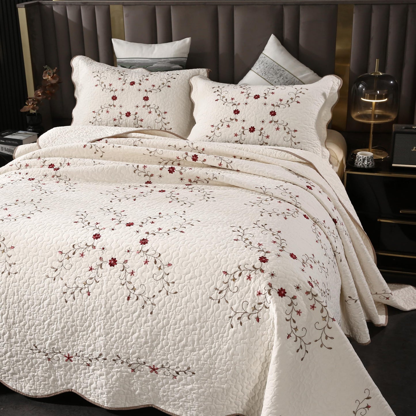 Quilt Set Floral Leaves 3D Embroidery Pattern 3 PCS Cotton Reversible Quilted Embroidered Decorative Bedspreads Coverlet Set, Lightweight &Soft Queen Size Beige Bedding Coverlet for All Season