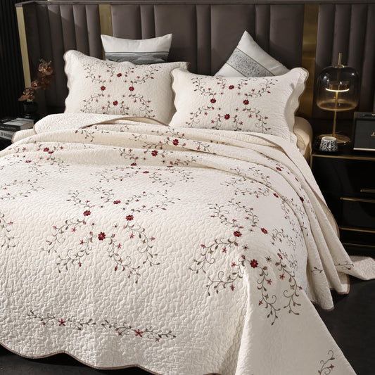 Quilt Set Floral Leaves 3D Embroidery Pattern 3 PCS Cotton Reversible Quilted Embroidered Decorative Bedspreads Coverlet Set, Lightweight &Soft Queen Size Beige Bedding Coverlet for All Season