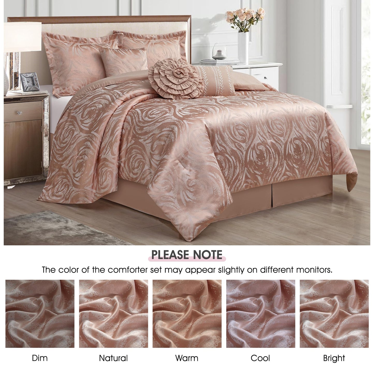 LANCO MODERN LIFESTYLE Bright Blush 7 Piece Comforter Set, King, Elegant Floral Jacquard, Ultra Soft Bed Set for All Seasons, Bed in a Bag, Include Comforter, Bed Skirt, Pillow Shams & Decor Pillows