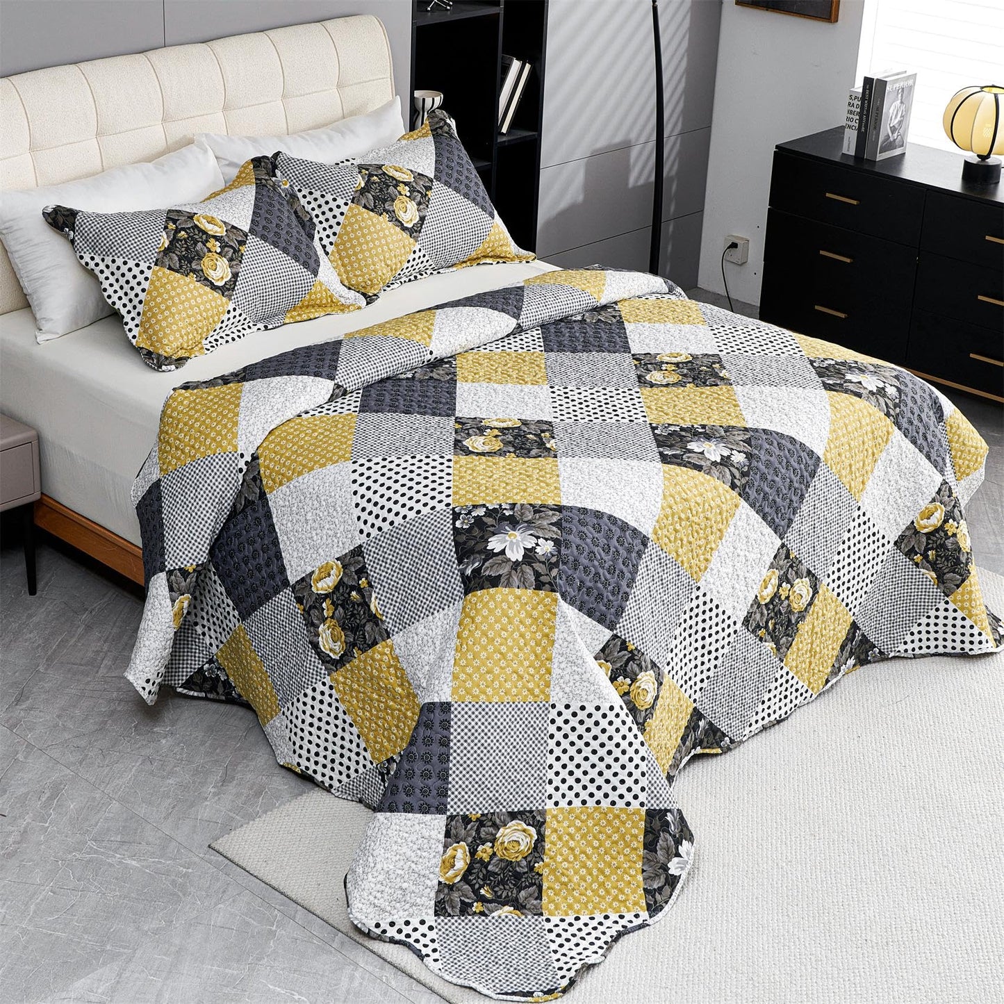 Cmfshape Summer Floral Queen Bedspread,Romantic Khaki Quilt Set Full,Reversible Stitched Bedding Set All Season,Soft Lightweight Coverlet with Pillow Cases (Khaki&Dark, Queen90 x90)
