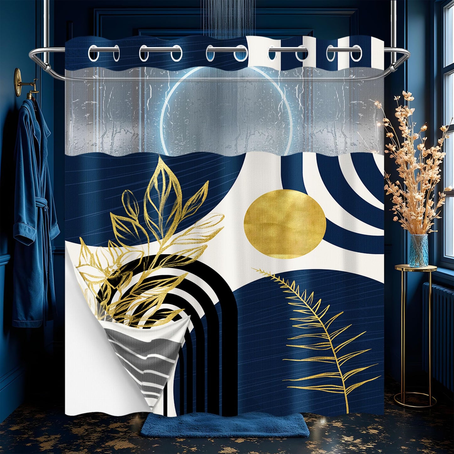 Yieldeer Navy Blue Hookless Shower Curtain, Snap-in Liner,71" W x 74" L