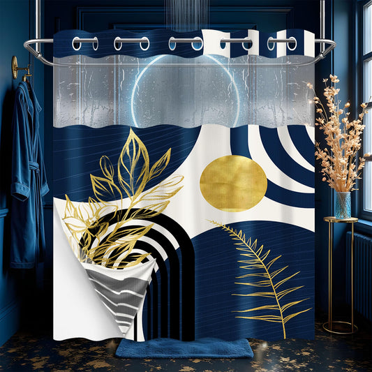 Yieldeer Navy Blue Hookless Shower Curtain, Snap-in Liner,71" W x 74" L