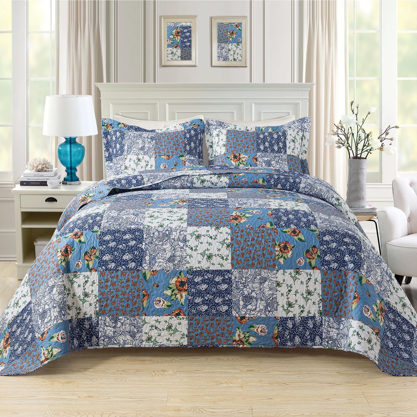 BEDIFANY Quilts Queen Size Bedding Set - Cotton-Filled Lightweight Bedspreads Queen Size (90 x 98 inch) with Garden Pattern - Reversible Farmhouse Queen Quilt Bedding Sets for Decorations, 3 Pieces