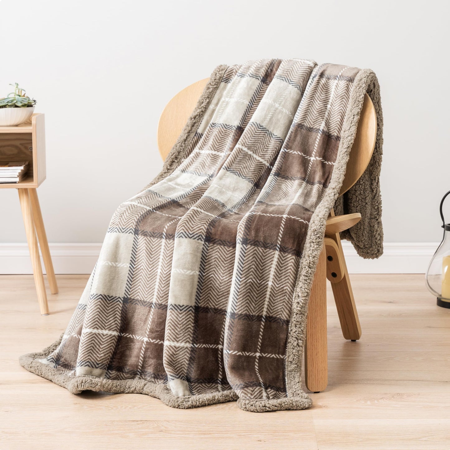 Pavilia Taupe Plaid Sherpa Throw Blanket - Plus Plush Flannel Fleece Blanket - Warm Cabin Sofa Bed Winter Throws 50x60