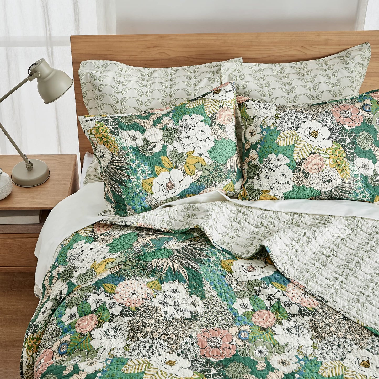 Levtex Home - Bettina Quilt Set - Twin Quilt and One Standard Sham - Floral - Teal, Blue, Green, Mauve, Cream - Quilt (68x86in.) and Sham (20x26in.) - Reversible - Cotton