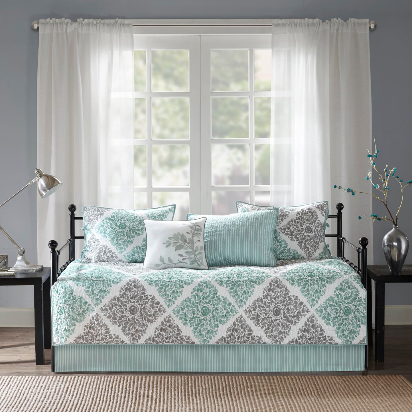 Madison Park Daybed Cover Set - Double Sided Quilting Casual Design, All Season Bedding with Bedskirt, Matching Shams, Decorative Pillow, 75"x39", Diamond Aqua 6 Piece