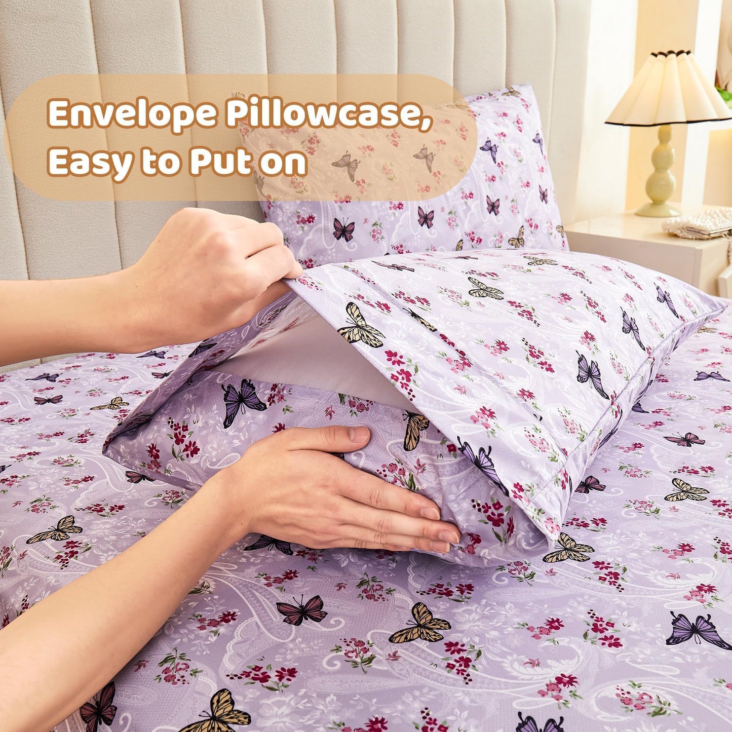 Softan Purple Floral Bed Sheets Full, Paisley Flower Printed Sheet Set, Cozy Microfiber Fitted Sheet with 15" Deep Pocket & Non-Slip Straps, Butterfly Patterned Sheets & Pillowcase Set