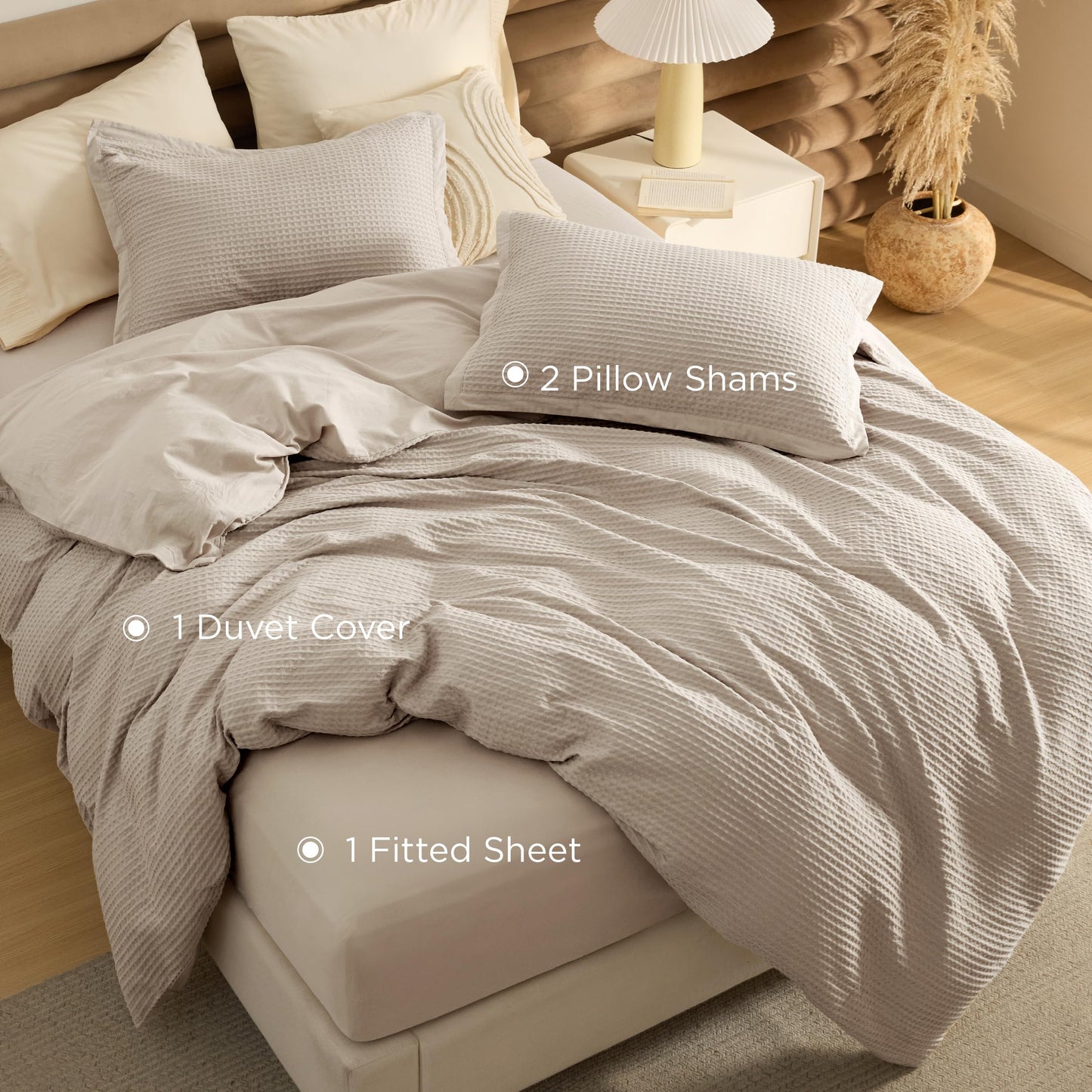 Bedsure 100% Cotton Duvet Cover Queen Size with Fitted Sheet - 4 Pieces Linen Waffle Weave Duvet Covers, PureWowen Breathable Bedding Set, 1 Duvet Cover 90x90, 1 Fitted Sheet, 2 Pillow Shams