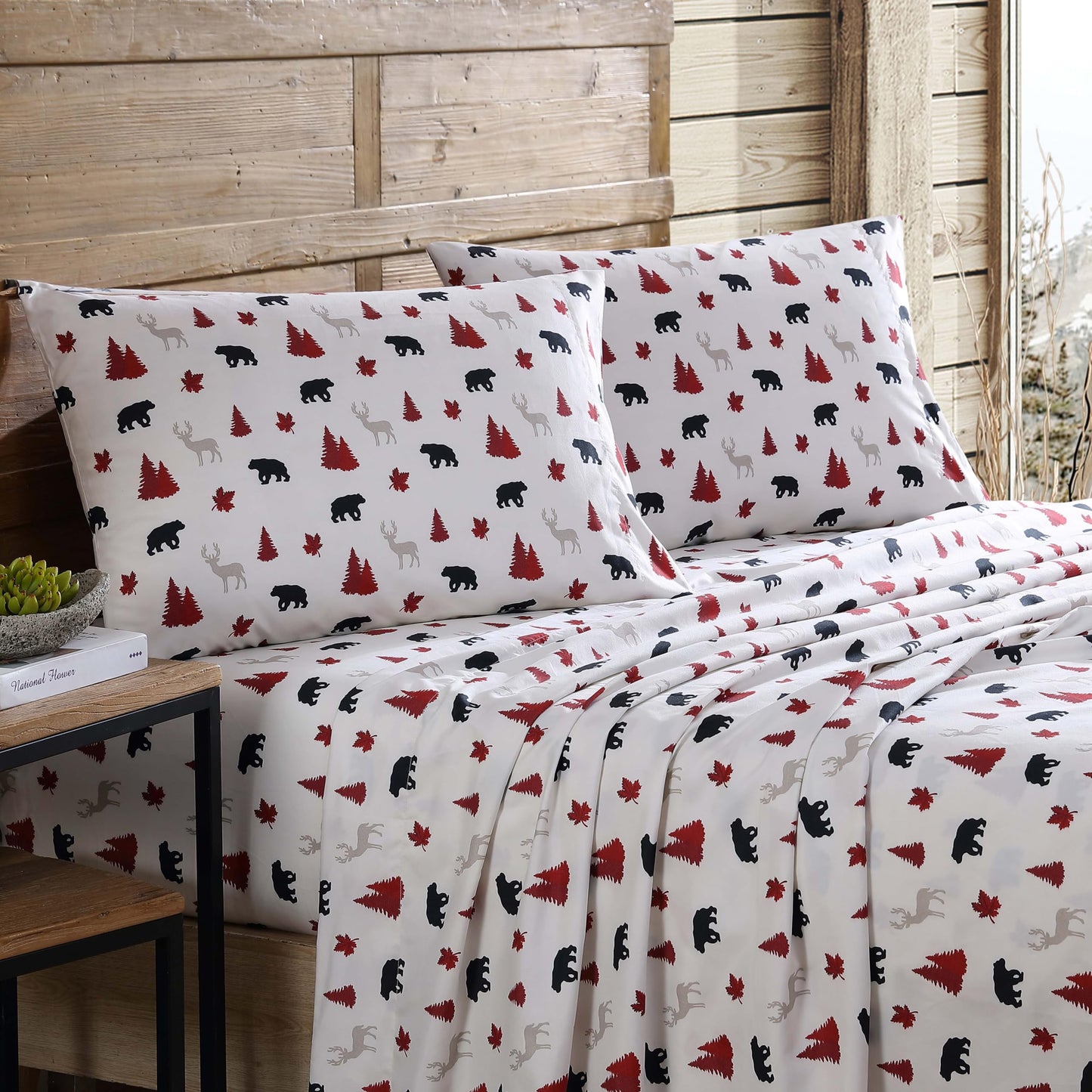 Beatrice Home Fashions Cozy Cabin 3-Piece Twin Microfiber Bedding Sheet Set with Deep Pockets Rustic Patchwork Plaid Deer, Red/Black