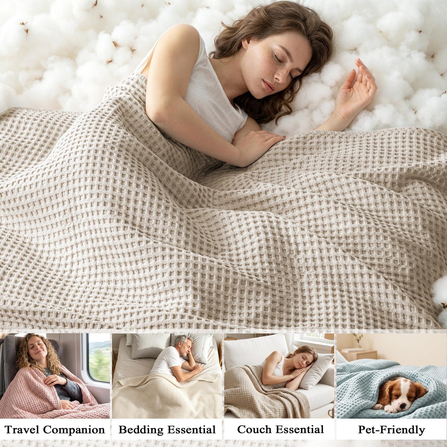 Exclusivo Mezcla Pre-Washed 100% Cotton Waffle Throw Blanket for Couch, 330GSM Lightweight Breathable Summer Blankets, Soft and Cozy, Room Decor, Khaki, 50x60 Inches