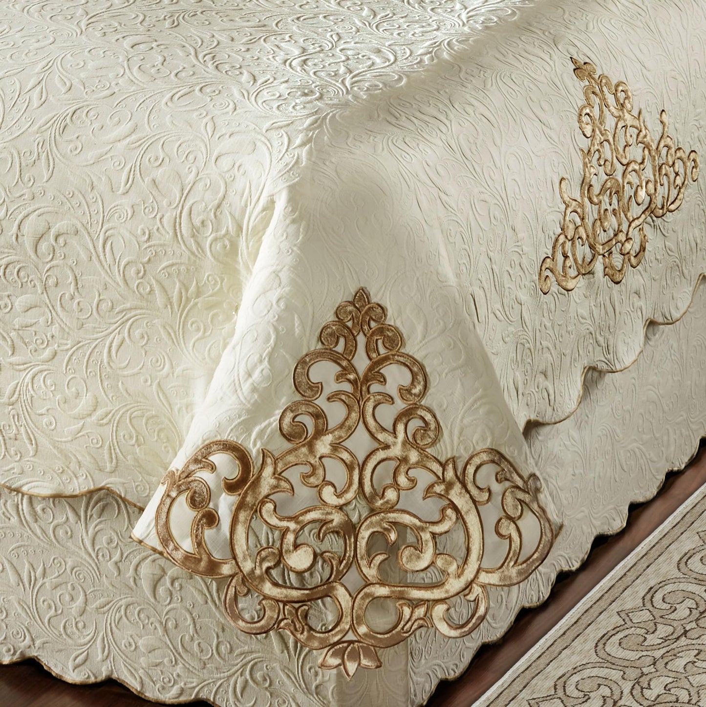 Imperial Luxury Matelasse Bedding | Velvet Golden Scrollwork Medallions | Ivory Matelasse Textured Scrolls | 4-Pc Lightweight Washable Bed Set: Oversized Queen Coverlet, Bedskirt, & 2 Standard Shams