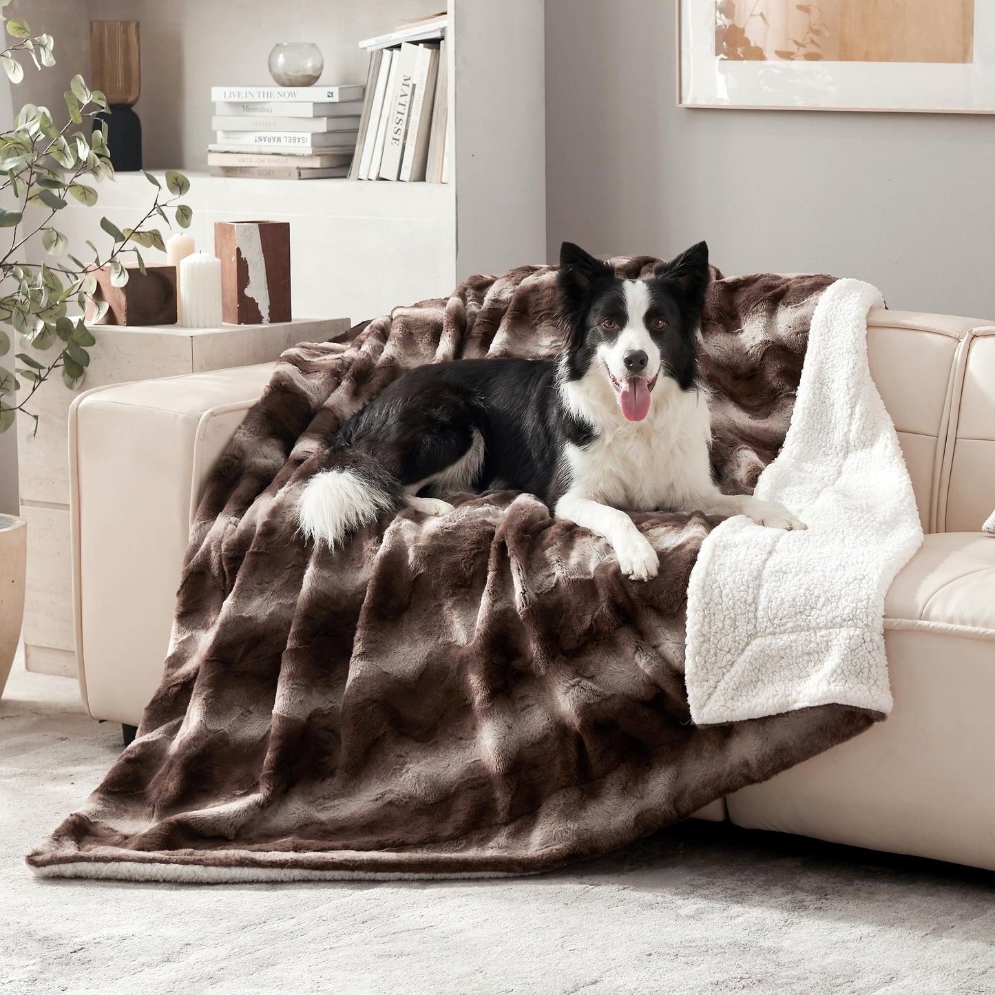 Warmrest Waterproof Dog Blanket for Large Dogs, Dual-Sided Comfort Pet Calming Blanket for Couches, Cozy Cat Blanket Fleece Washable, Reversible Throw Blanket for Furniture Protection, 50"x60", Brown
