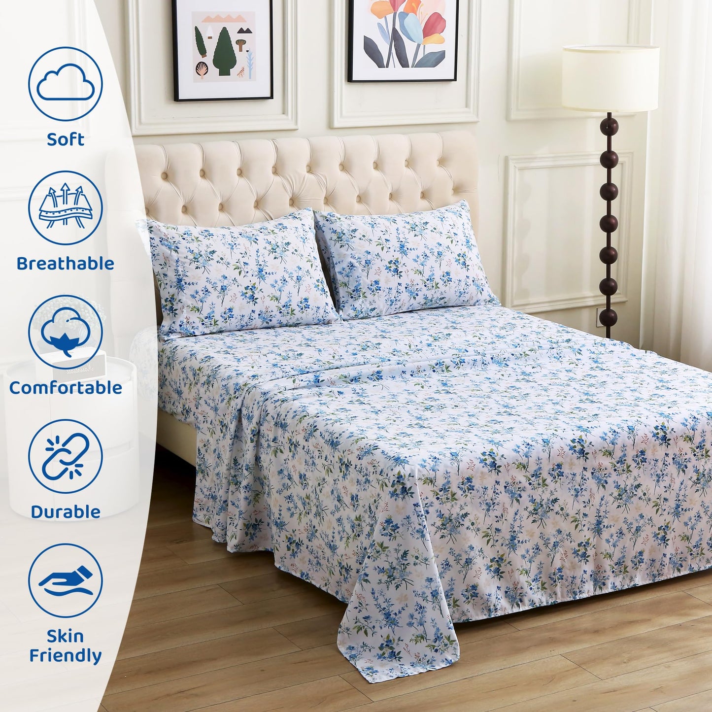 Mooreeke Cozy Vintage Microfiber Printed Full Sheet Set - Soft & Breathable Percale Blue Green Floral Bed Sheets with Extra Deep Pocket - Non-Slip Fitted Design - Blue Green Flower Pattern
