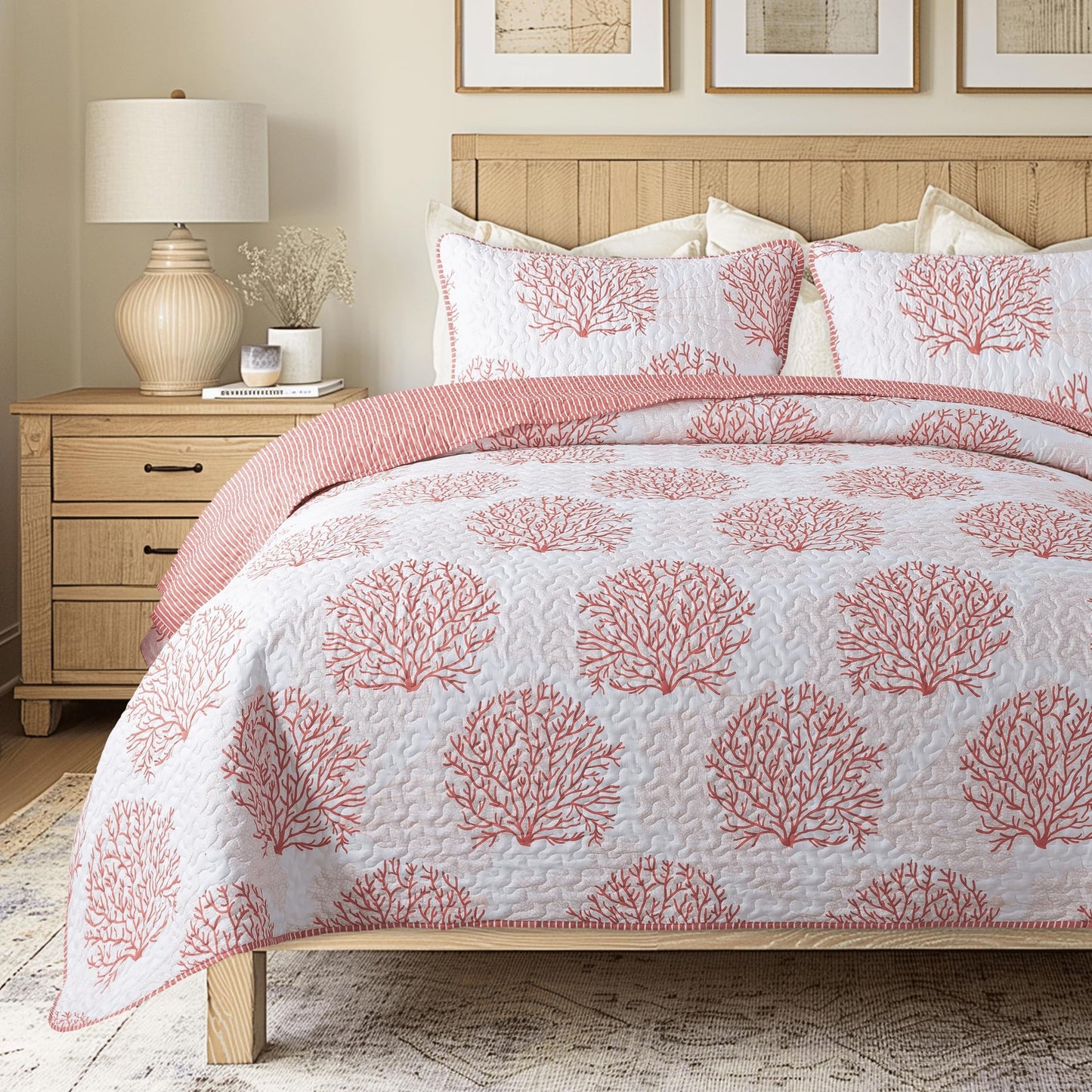 Soul & Lane Coastal Quilt Set - King and 2 Shams, Quilted Coastal Bedspread with Beach Theme, Ocean Bedding Set, Summer Nautical Quilt, Beachy Comforter with Tropical Motif, Sea of Coral