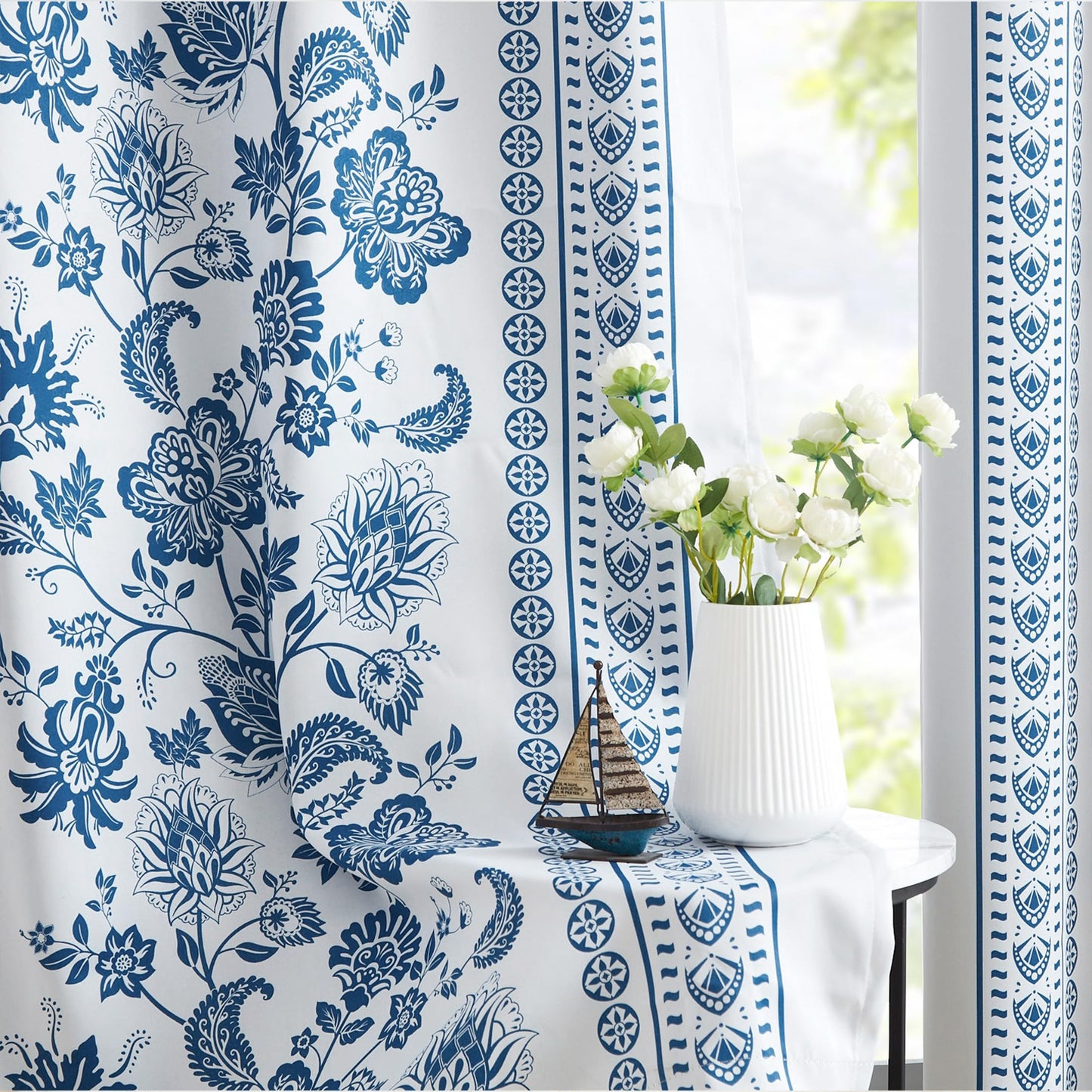 Jubilantex Botanical Blackout Window Curtain 95" Long Noise Reducing Thermal Insulated Window Treatments for Bedroom Grommet 52" W,Navy/Greyish White