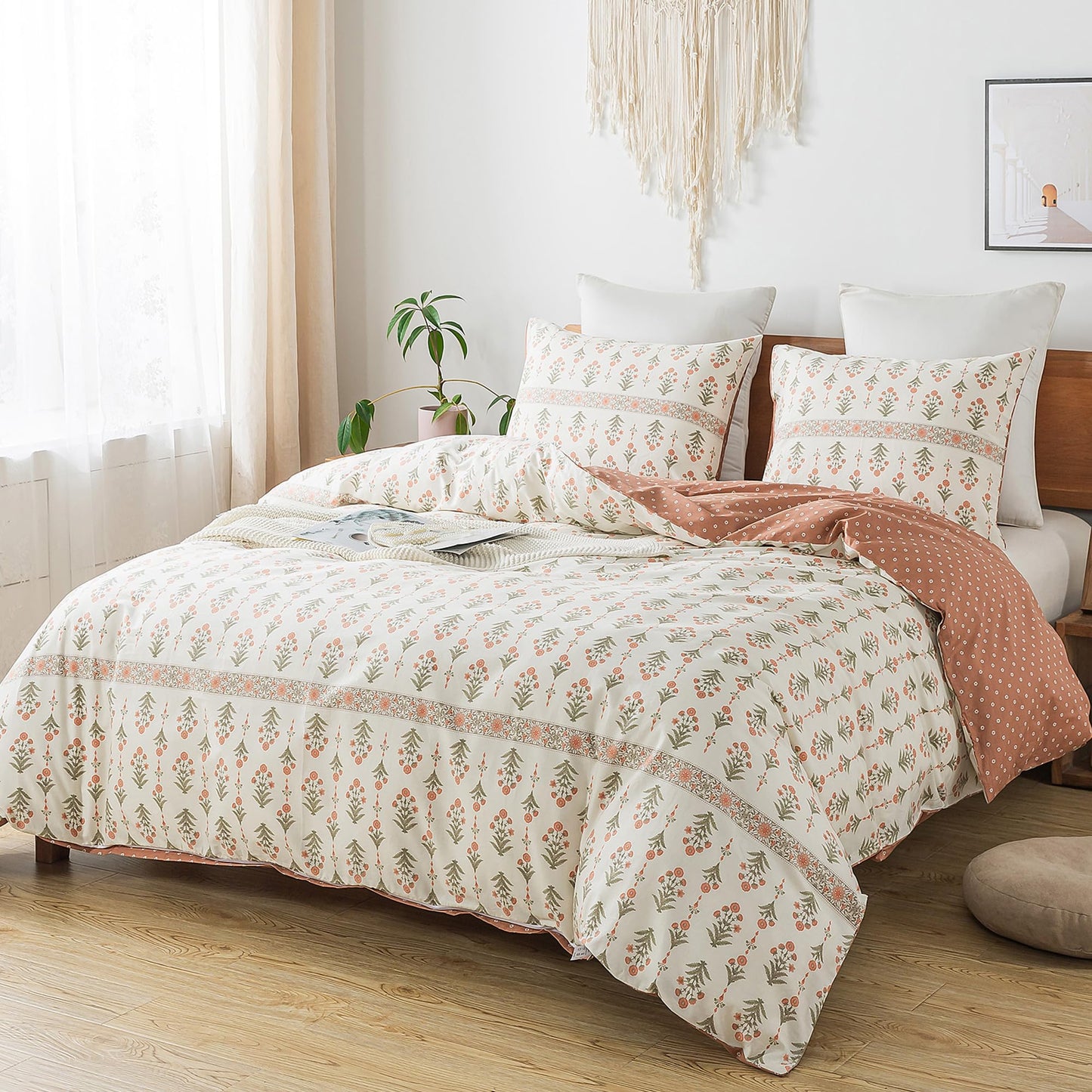 HoneiLife King Duvet Cover Set - 100% Cotton Comforter Cover Floral Duvet Cover Sets,Soft & Breathable Duvet Cover with Zipper Closure and Corner Ties,3pcs Wildflower Comforter Cover Sets-Sweet Grass