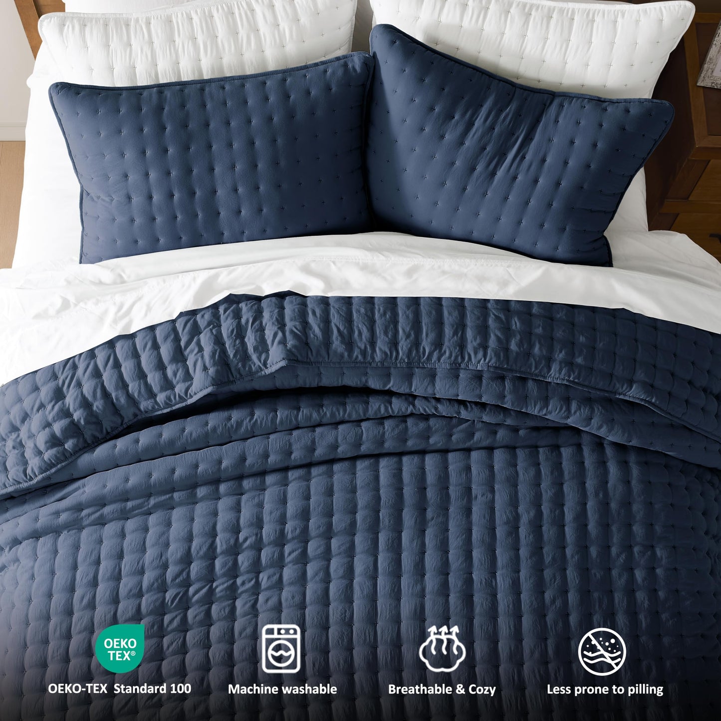 WDCOZY Navy Blue Queen Size Quilt Bedding Sets with Pillow Shams, Lightweight Soft Bedspread Coverlet, Quilted Blanket Thin Comforter Bed Cover, All Season Summer Spring, 3 Pieces, 90x90 inches