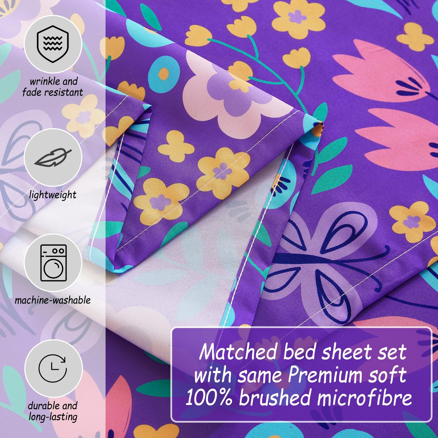 Softan Kids Bed Sheet Set, 3-Piece Twin Sheets Set, Microfiber Fitted Sheet with Corner Straps, Breathable & Silky Soft Purple Flower Butterfly Pattern Sheet and Pillowcase Sets
