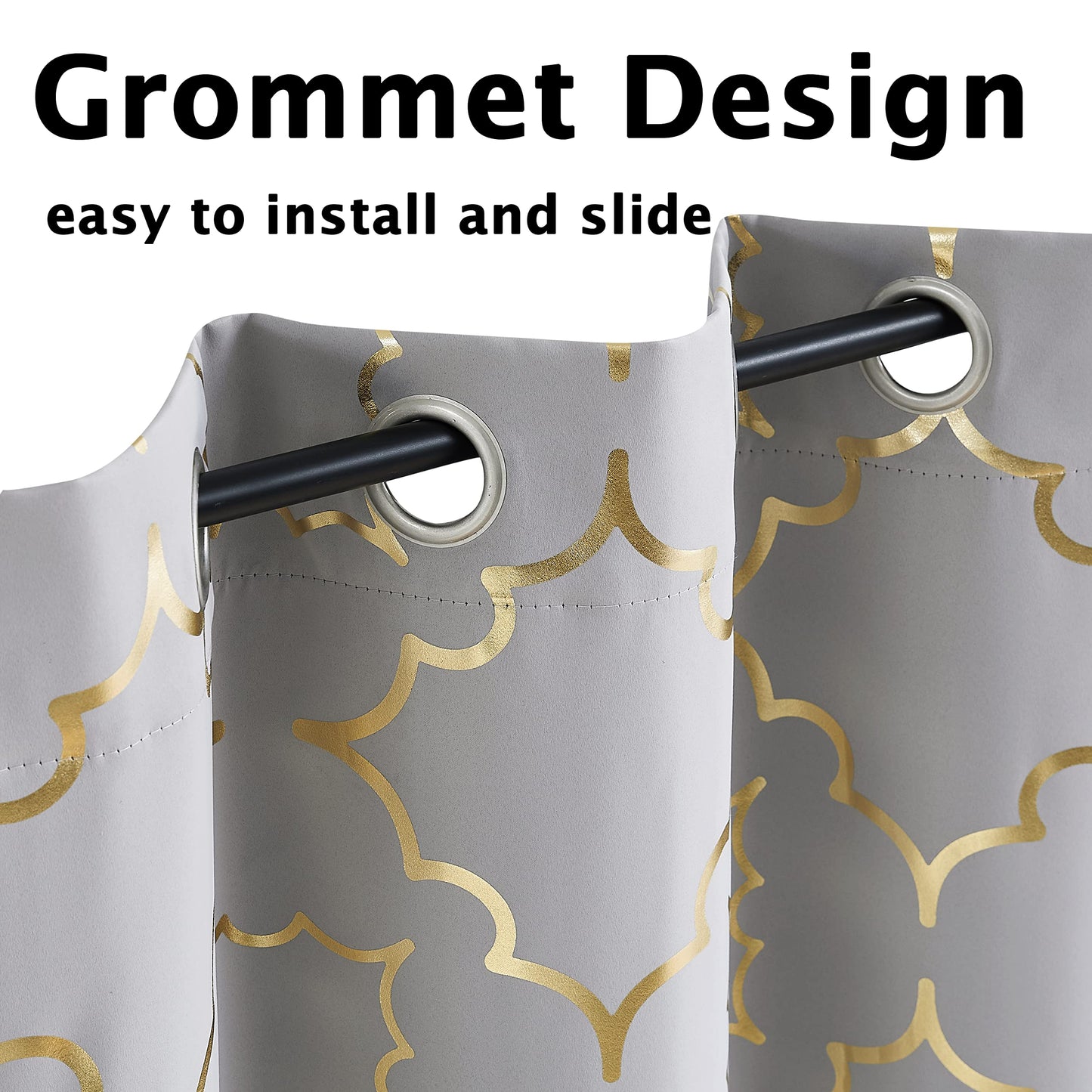 Purainbow Grey Blackout Curtains for Bedroom 90 Inch Long with Gold Foil Moroccan Panels Energy Efficient Drapes for Living Room Decor, Thermal Insulated Window Treatments Grommet Top, 2 Panels