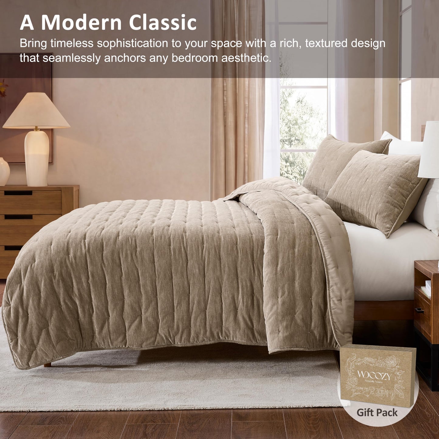 WDCOZY Chenille Velvet Queen Size Quilt Set - Beige Cloud Soft Lightweight Bedspread, Neutral Tan Farmhouse Country Rustic Coverlet, Taupe Camel Modern Bedding Warm Thin Comforter, 3 Pieces