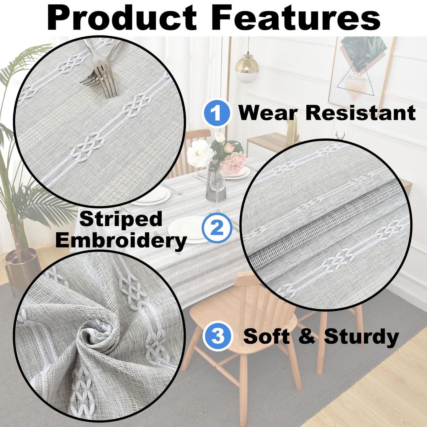 Limalred Farmhouse Striped Embroidery Small Square Tablecloth, Openwork Heavy Weight Linen Wrinkle Resistant Tablecloths End Table Cover for Nightstand Bedside Table Decor 36x36 Inch Grey