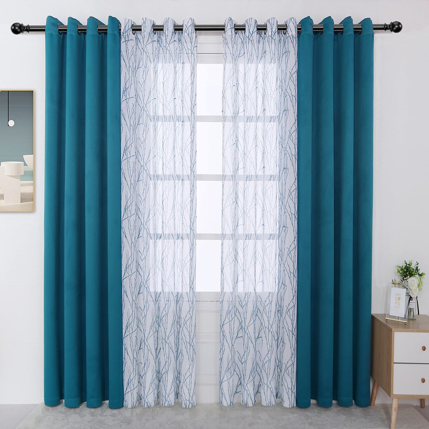 BONZER Mix and Match Curtains - 2 Pieces Branch Print Sheer Curtains and 2 Pieces Blackout Curtains for Bedroom Living Room Grommet Window Drapes, 54x95 Inch/Panel, Teal, Set of 4 Panels