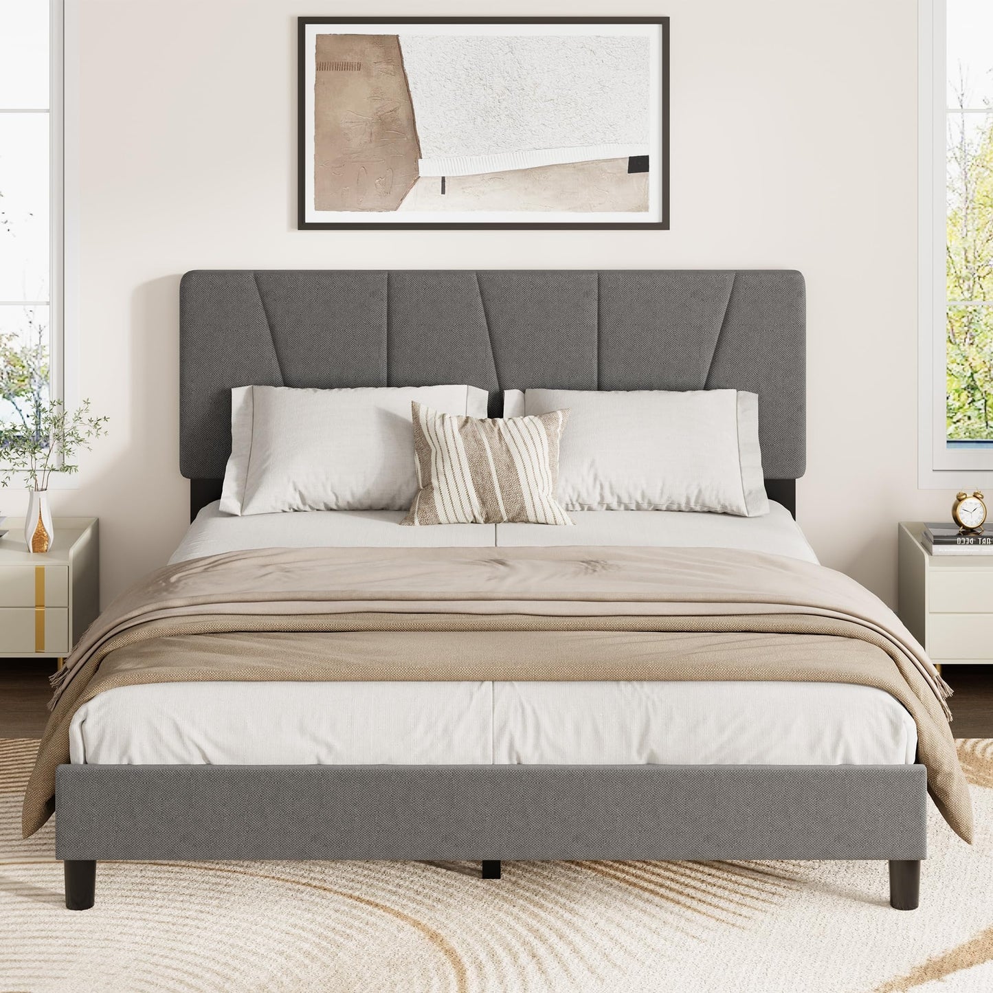 IDEALHOUSE Full Size Bed Frame with Upholstered Headboard, Heavy Duty Platform Bed Frame with Strong Wood Slats, Adjustable Headboard, Noise-Free, No Box Spring Needed, Easy Assembly