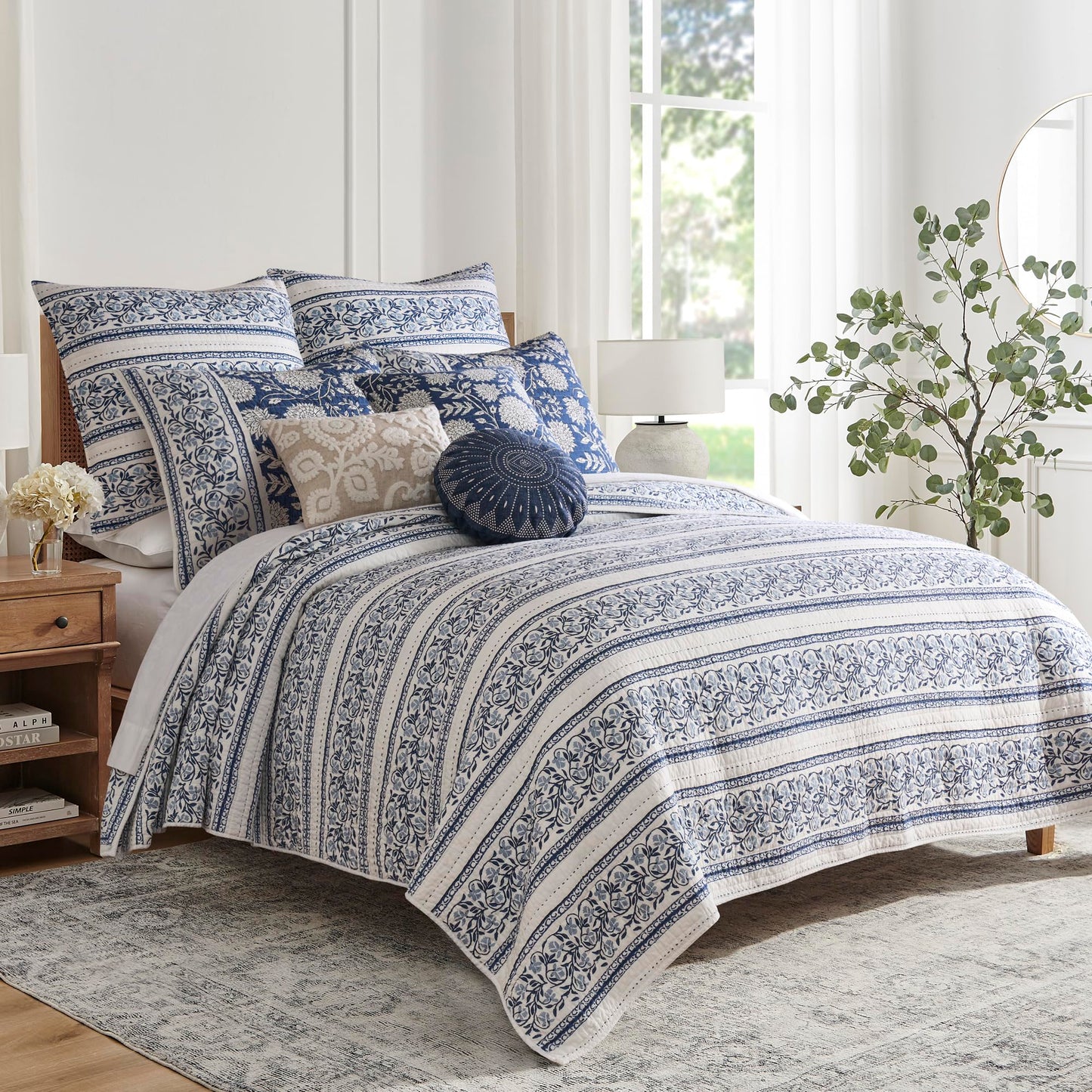 Levtex Home Adare Denim Reversible King/Cal King Quilt Set (106x92in) with 2 Pillow Shams (36x20in) - Floral Bedding - Blue White - Cotton King Size Quilt Bedding Set - Lightweight, Soft, Pre-Washed
