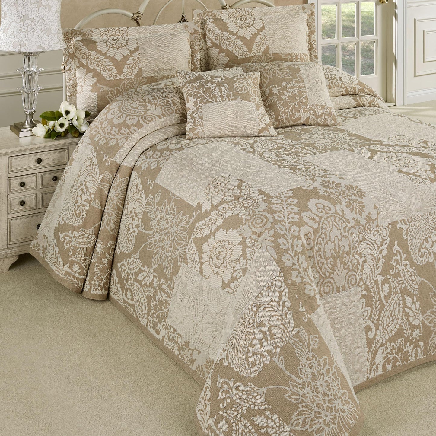 Maisonette Lightweight Bedding | Ivory & Neutral Taupe | Jacquard-Woven Cotton/Polyester Florals & Paisley Blocks | 5 Piece Bed Set: California King Bedspread, 2 King Shams, & 2 Square Accent Pillows