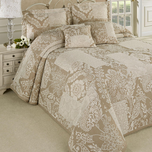 Maisonette Lightweight Bedding | Ivory & Neutral Taupe | Jacquard-Woven Cotton/Polyester Florals & Paisley Blocks | 5 Piece Bed Set: California King Bedspread, 2 King Shams, & 2 Square Accent Pillows