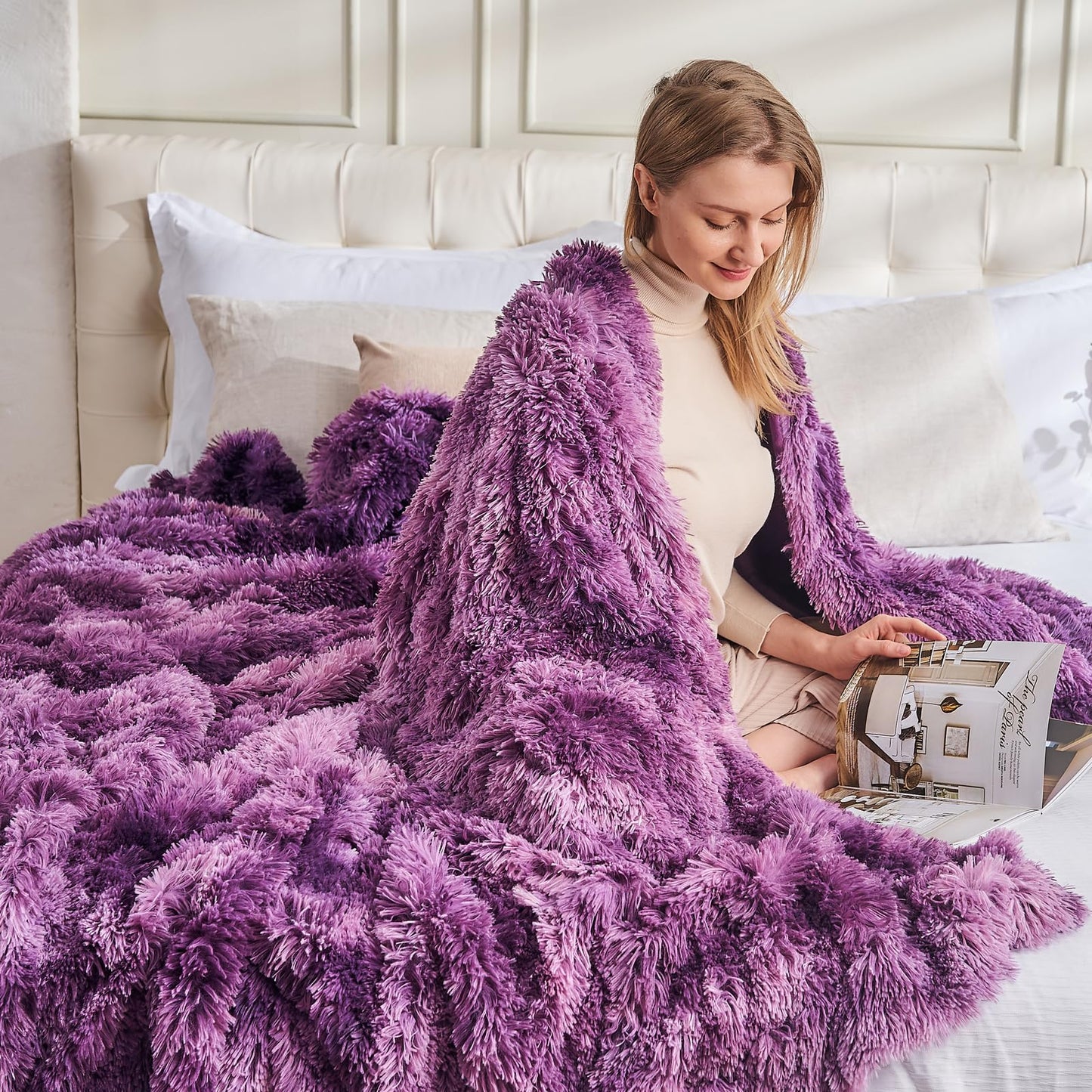 GONAAP Fuzzy Faux Fur Throw Blanket Queen Size Tie-dye Violet Purple Super Soft Cozy Plush Fuzzy Shaggy Blanket for Couch Sofa Bed (Tie-dye Violet Purple, Queen(90"x90"))