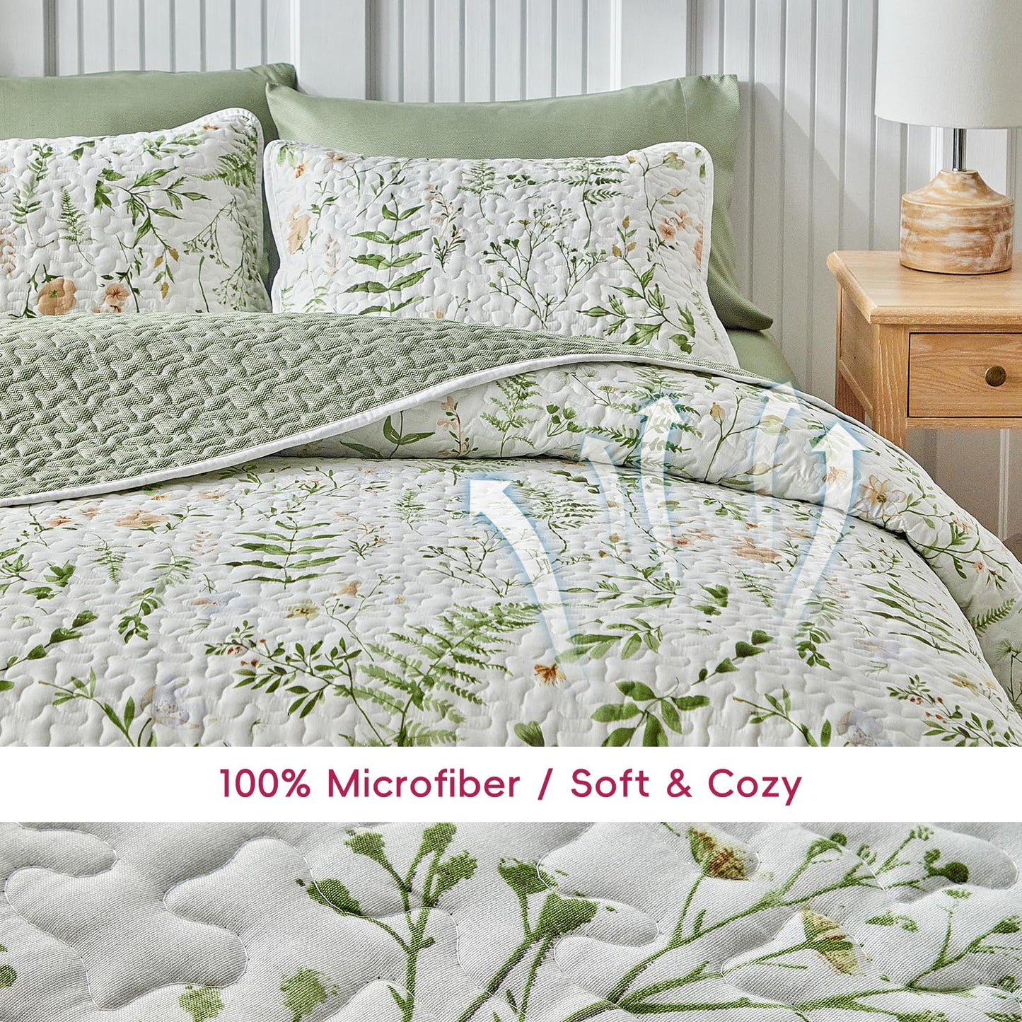 Floral Quilt Set 3 Piece Flower Quilt Sets Queen Size - Reversible Microfiber Quilt with 2 Shams Soft Breathable Botanical Bedding Spring Bedspread Coverlet Summer Comforter All Season Orange Green