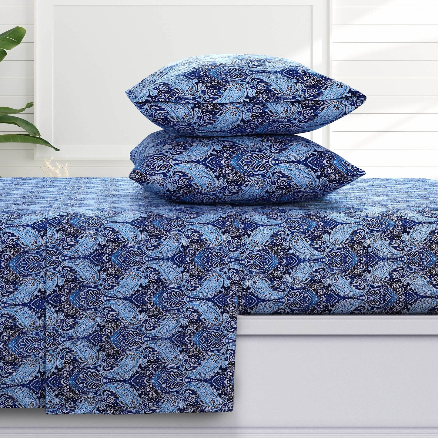 Tribeca Living Ultra Soft Turkish Cotton Flannel Queen Sheet Set with Extra Deep Pocket, 100% Cotton Flannel Sheets 4 Piece Set, Sofi Paisley 170-GSM