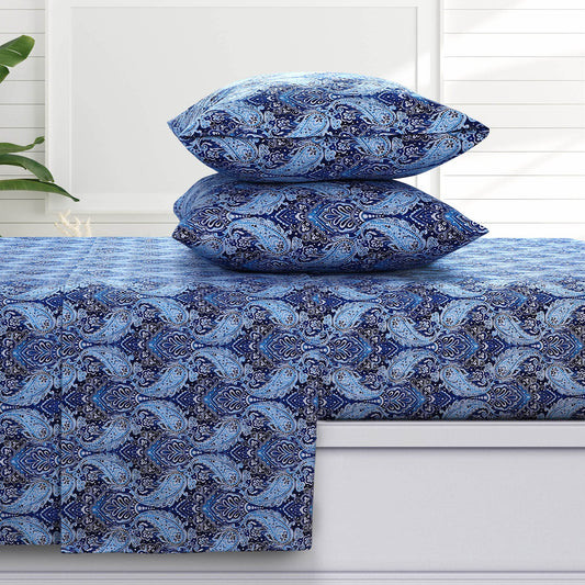 Tribeca Living Ultra Soft Turkish Cotton Flannel Queen Sheet Set with Extra Deep Pocket, 100% Cotton Flannel Sheets 4 Piece Set, Sofi Paisley 170-GSM