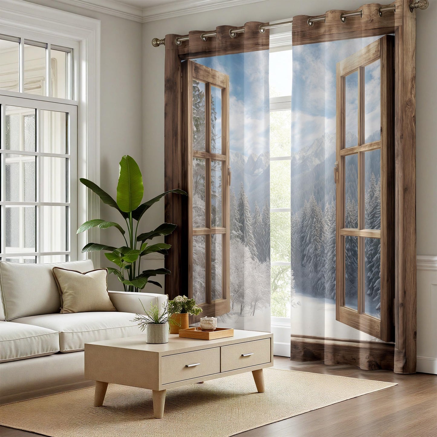 Rufxnn Faux Wooden Window Curtains For Living Room, Forest Snow Scene Drapes 84 Inch Length 2 Panels Set, 3d Nature Landscape Curtains Blackout Grommet Thermal Insulated Drapes For Bedroom Office Dorm