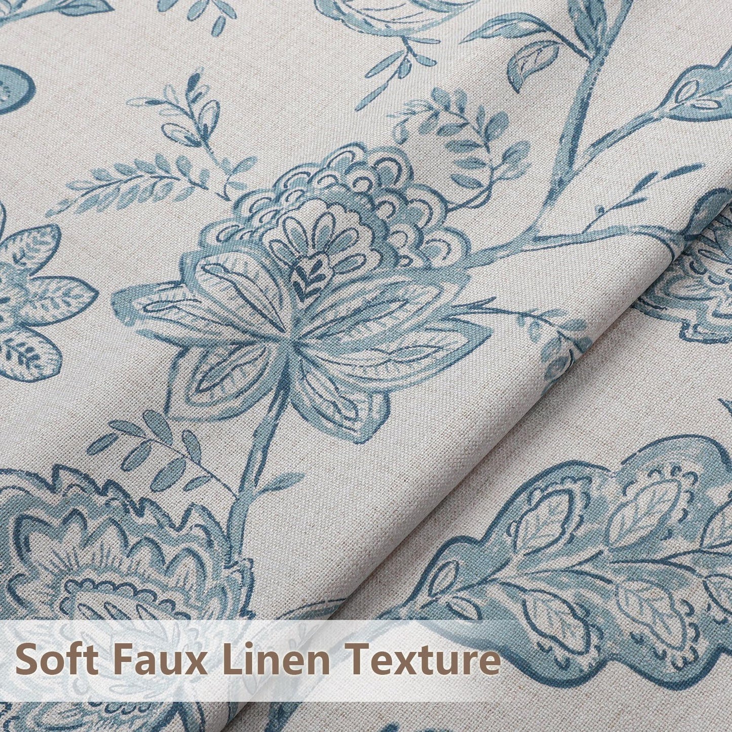 Ebesto Floral Curtains 63 Inch Length - Light Filtering Faux Linen Flower Printed Window Curtains for Bedroom, Rod Pocket No-See Through Privacy Drapes, 2 Panels, Each 40Wx63L Inches, Dusty Blue