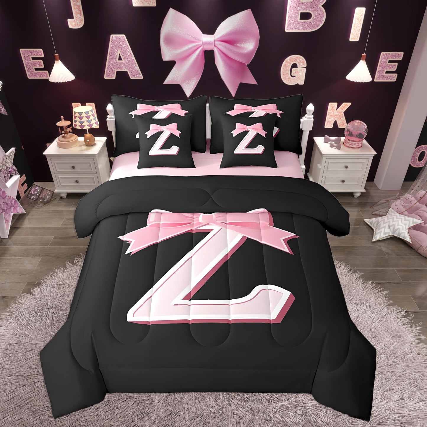 jejeloiu Kawaii Pink Bow Twin Comforter Set with Sheets,Gifts for Women Teen Girl,Monogrammed 7 Piece Bedding Set,Soft Personalized Initial Letter Z Bed in a Bag with Comforter,Sheets,Pillowcases