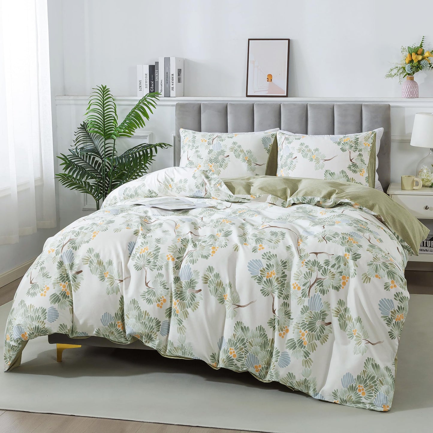 HoneiLife Duvet Dover Queen Size - 100% Cotton Comforter Cover Botanical Bedlinen Set with Zipper Closure & Corner Ties, 3-PC Forest Comforter Cover Sets