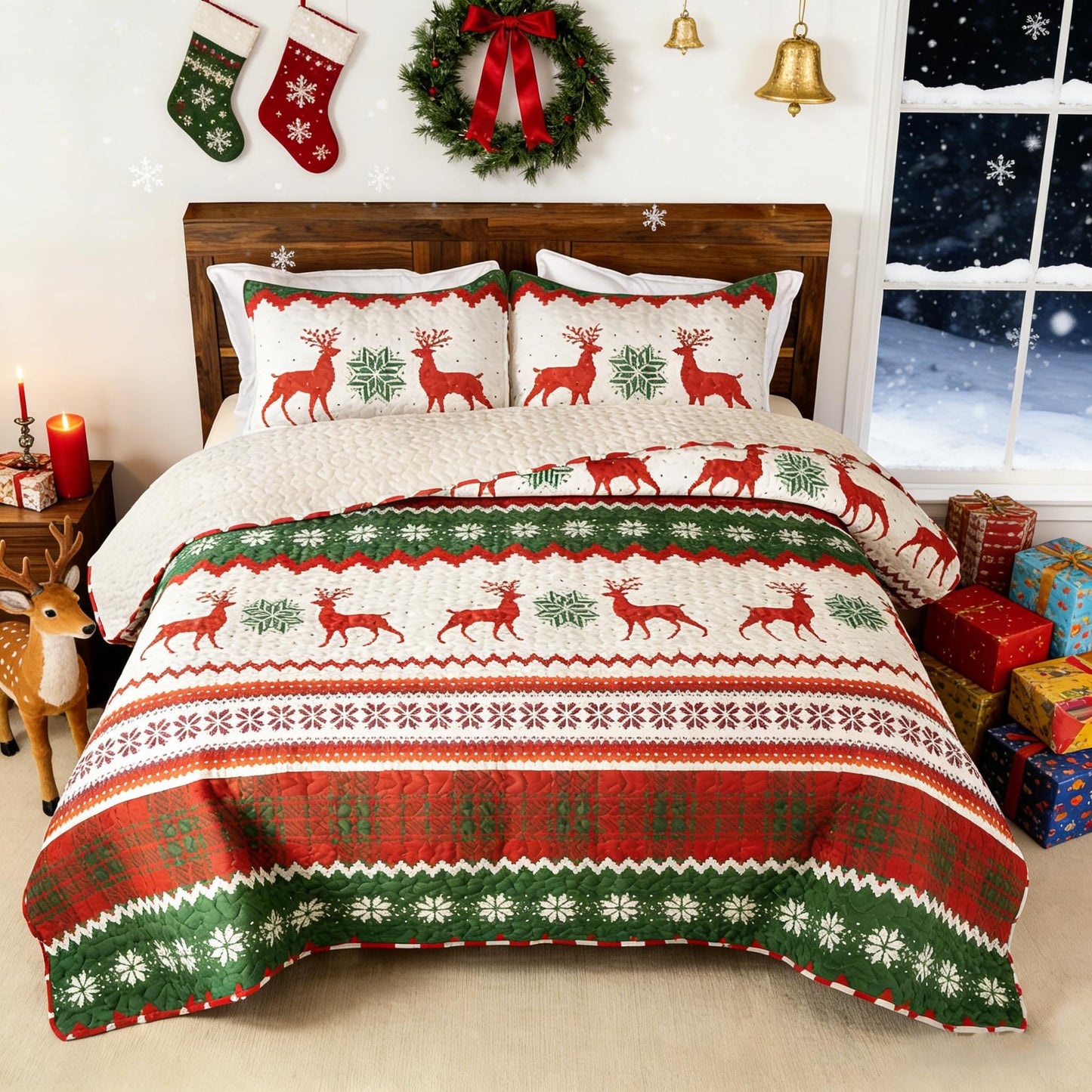Whale Flotilla Christmas Quilt King Size, Soft Boho Floral Bedspreads for Bed Reversible Lightweight King Quilt Bedding Set Coverlets with 2 Pillow Shams for All Seasons, Happy Snowflake
