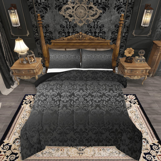 jejeloiu Gothic Damask Bedding Set Soft for Boys Girls, Vintage Jacquard Comforter Set Queen Size Black Exotic Floral Duvet Quilt Microfiber Antique Classic Bedroom Decor 3 Pcs with 2 Pillow Cases