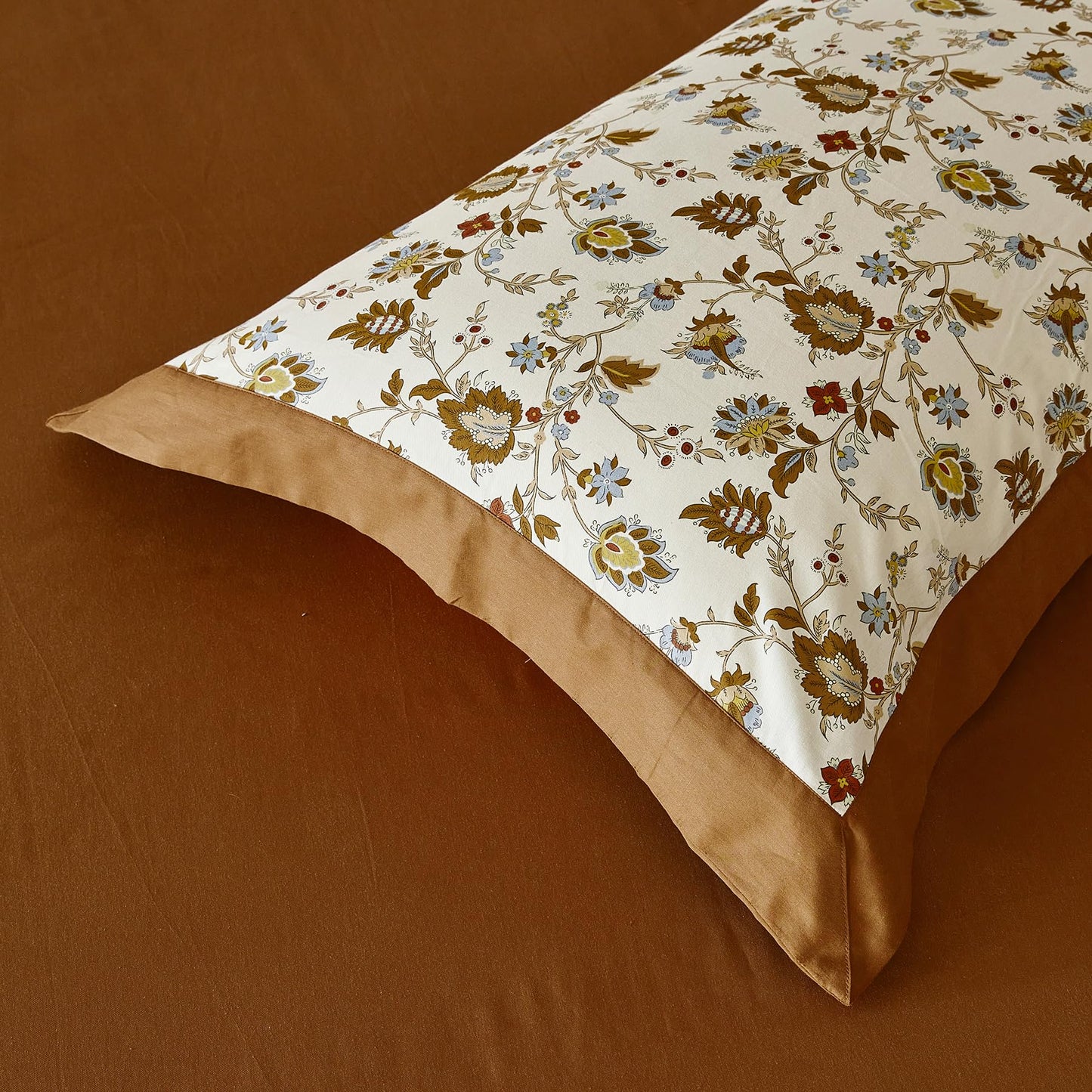 YuHeGuoJi Burnt Orange Flower Duvet Cover Queen 100% Cotton 3 Pcs Set 1 Caramel Botanical Duvet Cover with Zipper Ties 2 Pillow Shams Decorative Brown Beige Floral Paisley Wide Trim Bedding Set